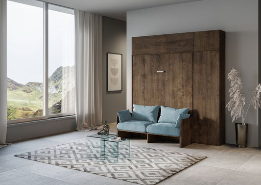 Letto a Scomparsa Verticale Vertika Noce con Divano e Mobili – Salvaspazio | VERTIKA - 120 (1 piazza e mezza) - JoyShop Materassi