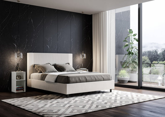 Letto con testata a scelta tra giroletto, contenitore o con rete a doghe in similpelle blanca a righe - 80x190 singolo standard - JoyShop Materassi