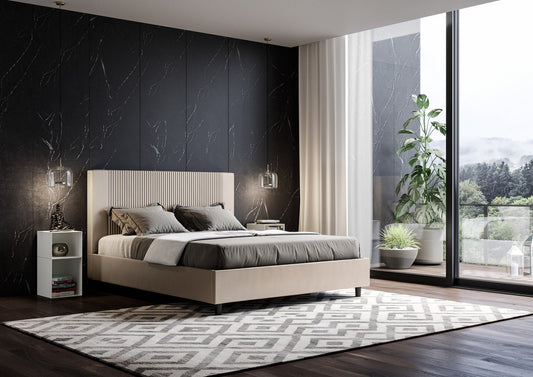 Letto con testata a scelta tra giroletto, contenitore o con rete a doghe in similpelle tortora a righe - 80x190 singolo standard - JoyShop materassi