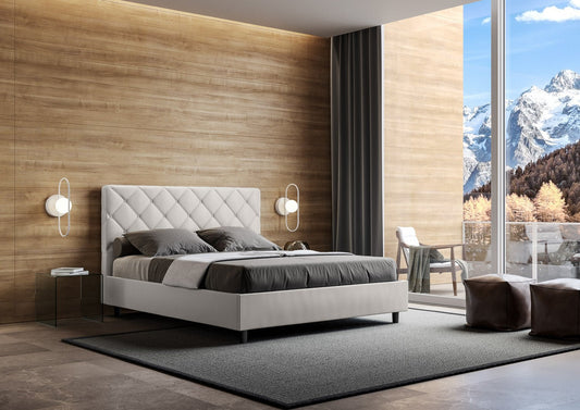 Cama con cabecera con botones a elegir entre canapé, contenedor o con somier de lamas en similpiel blanca - 80x190 individual estándar - JoyShop Colchones