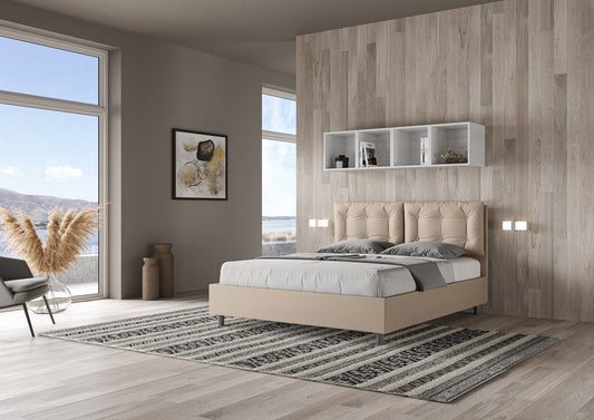 Cama con cabecera y almohadas con botones a elección, con falda, contenedor o con somier de lamas en similpiel Tortora - 80x190 Individual estándar - JoyShop Colchones