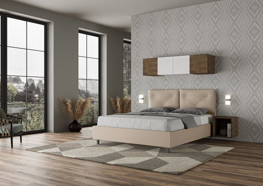 Letto con testata e cuscini con botones a elección, giroletto, contenedor o con red de listones en similpelle Tortora - 80x190 Individual estándar - JoyShop Colchones