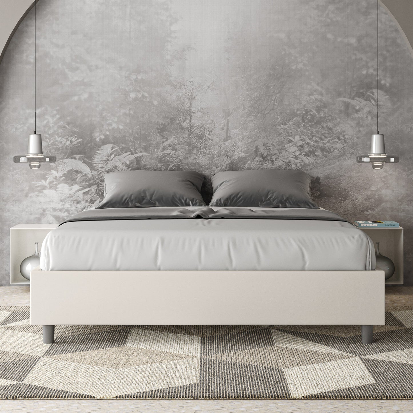 Letto sin cabecera a elección, con contenedor o con somier de lamas de similpelle blanca - JoyShop Colchones