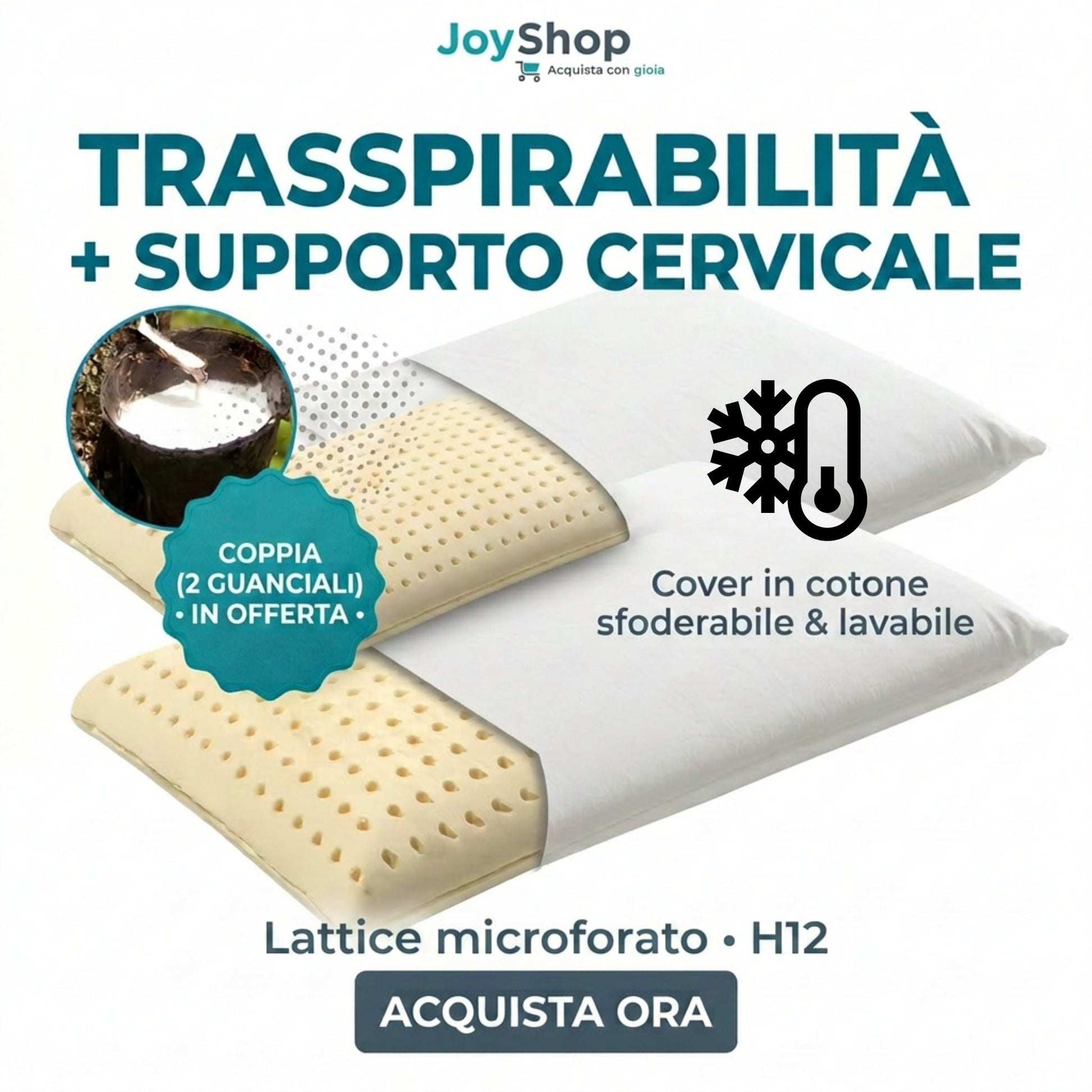 Coppia di cuscini in schiuma di lattice rivestimento protettivo in cotone Sfoderabile - NOTTURNO H11 - JoyShop Materassi