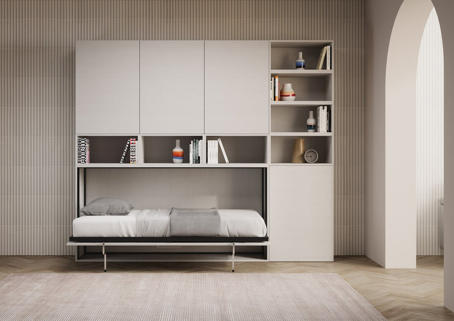 Letto a Scomparsa Orizzontale Nido E Bianco Frassino con Libreria – Salvaspazio | NIDO - JoyShop Materassi 3