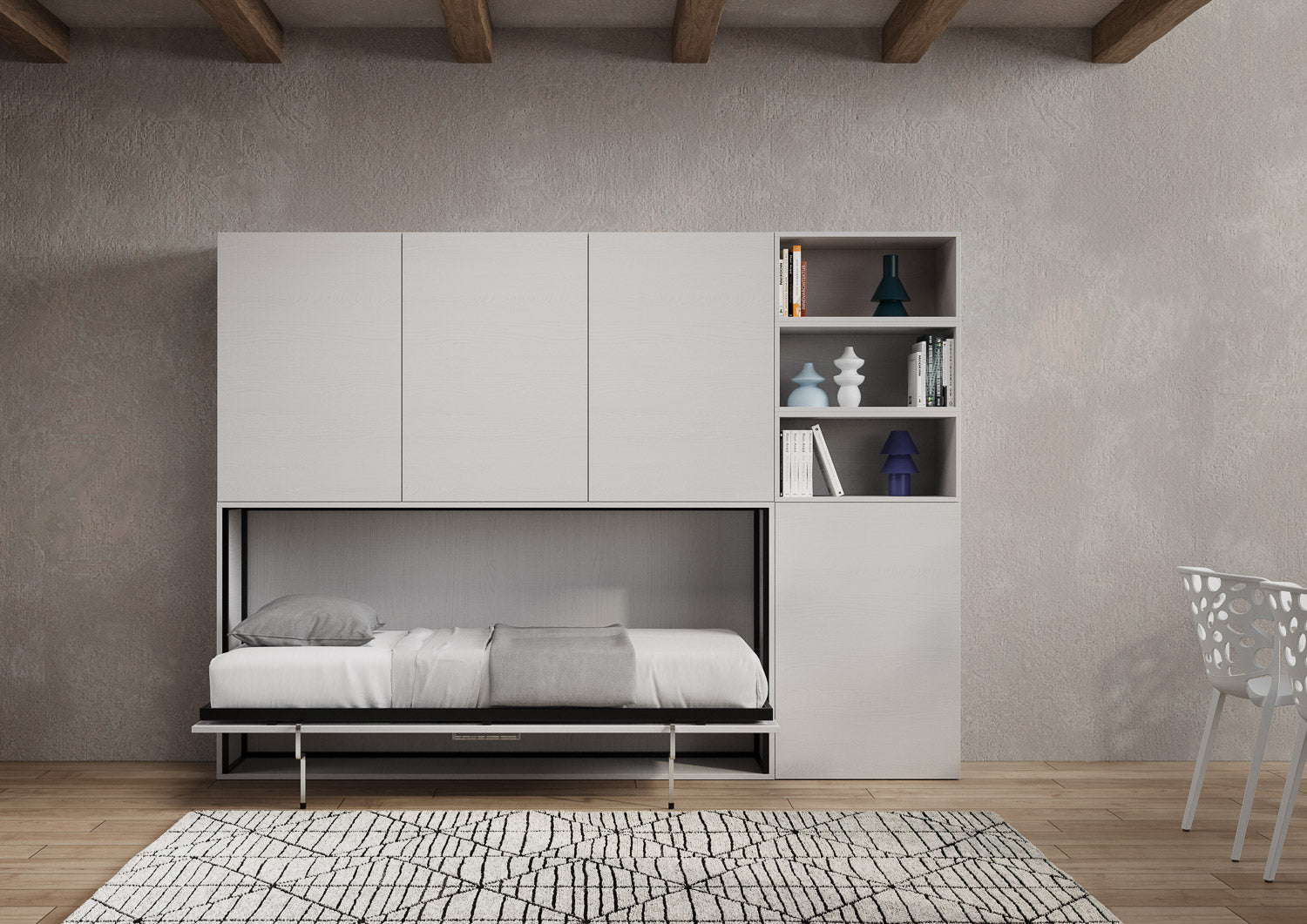 Letto a Scomparsa Orizzontale Nido F Bianco Frassino con Libreria – Salvaspazio | NIDO - JoyShop Materassi 3