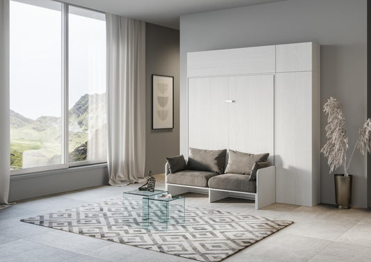 Letto a Scomparsa Verticale Vertika Bianco Frassino con Divano e Mobili – Salvaspazio | VERTIKA - 120 (1 piazza e mezza) - JoyShop Materassi