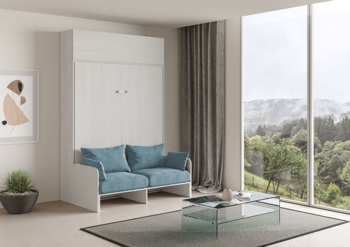 Letto a Scomparsa Verticale Vertika Bianco Frassino con Divano e Pensile – Salvaspazio | VERTIKA - JoyShop Materassi 2
