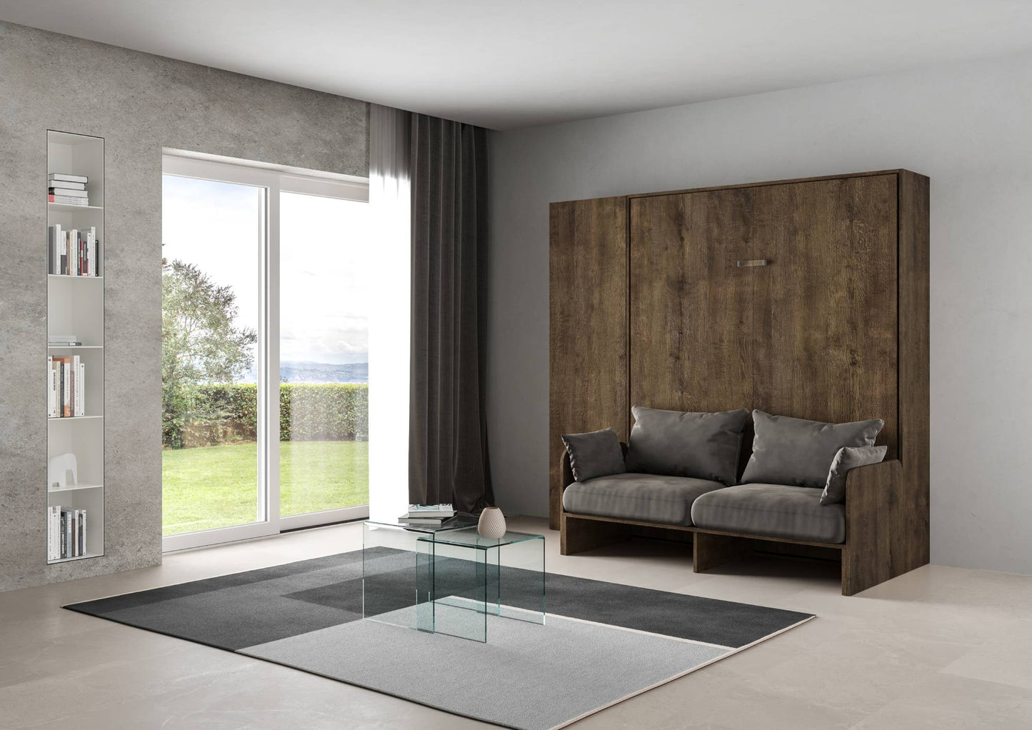 Letto a Scomparsa Verticale Vertika Noce con Divano e Colonna – Salvaspazio | VERTIKA - JoyShop Materassi 1