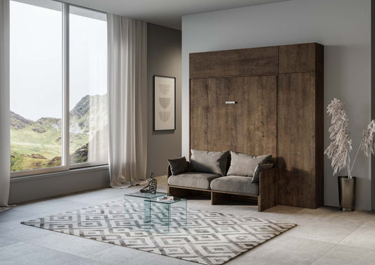 Letto a Scomparsa Verticale Vertika Noce con Divano e Mobili – Salvaspazio | VERTIKA - 120 (1 piazza e mezza) - JoyShop Materassi