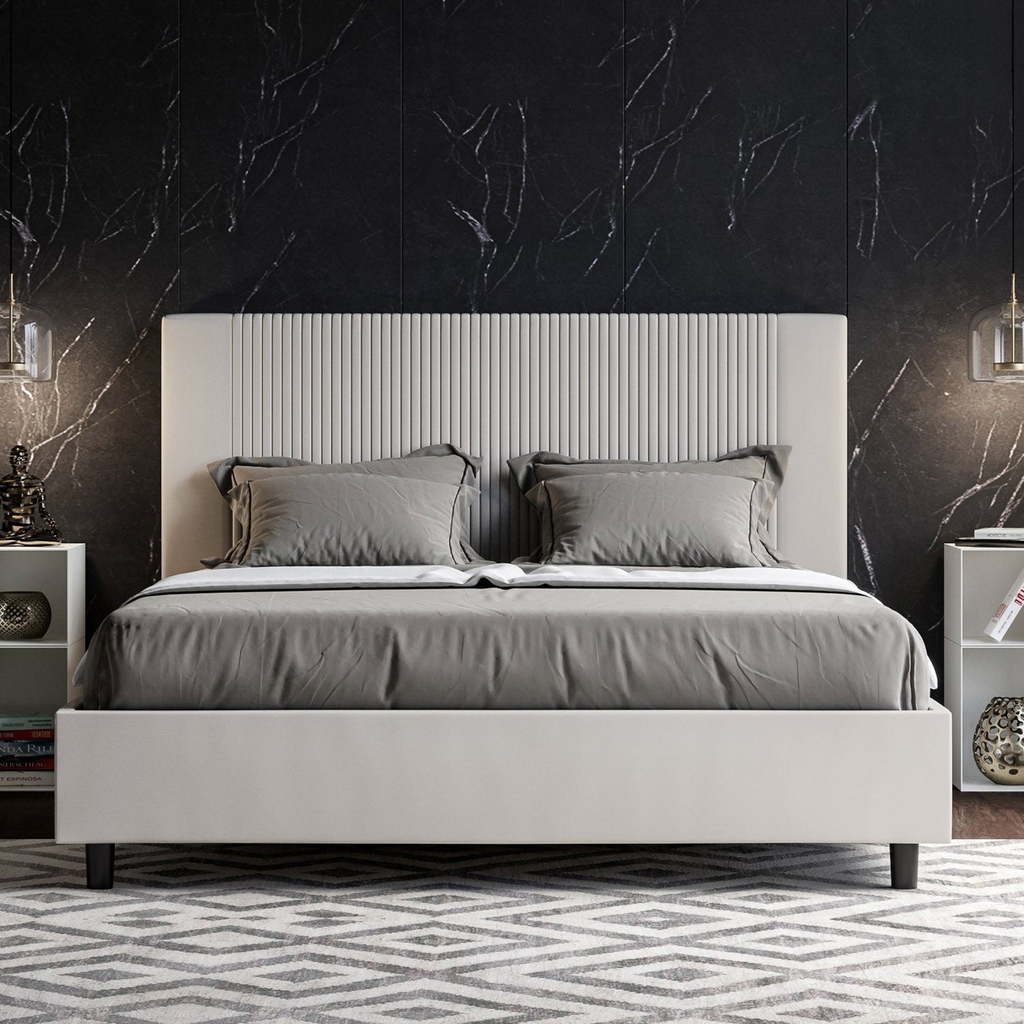 Letto con testata a scelta tra giroletto, contenitore o con rete a doghe in similpelle blanca a righe - 80x190 singolo standard - JoyShop Materassi