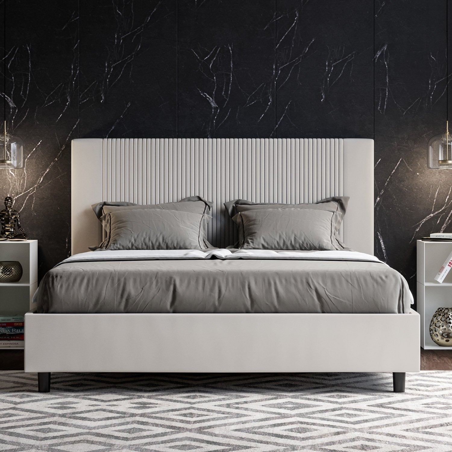 Letto con testata a scelta tra giroletto, contenitore o con rete a doghe in similpelle blanca a righe - 80x190 singolo standard - JoyShop Materassi