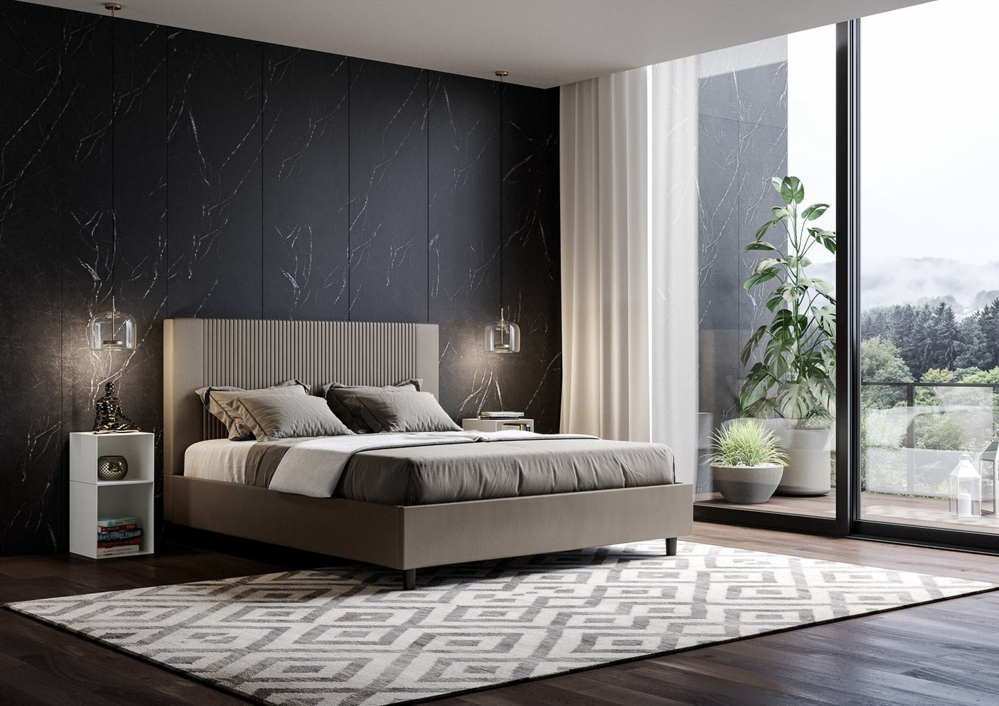 Letto con Testata a scelta tra giroletto, contenitore o con rete a doghe in similpelle Cappuccino a Righe - 80x190 Singolo standard - JoyShop Materassi