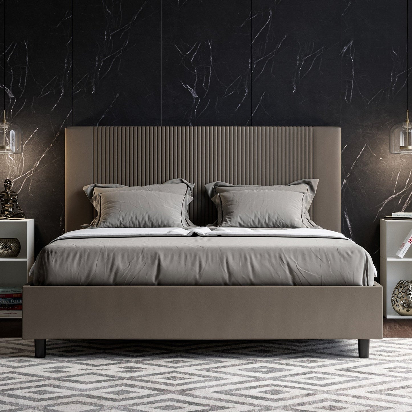 Letto con Testata a scelta tra giroletto, contenitore o con rete a doghe in similpelle Cappuccino a Righe - 80x190 Singolo standard - JoyShop Materassi