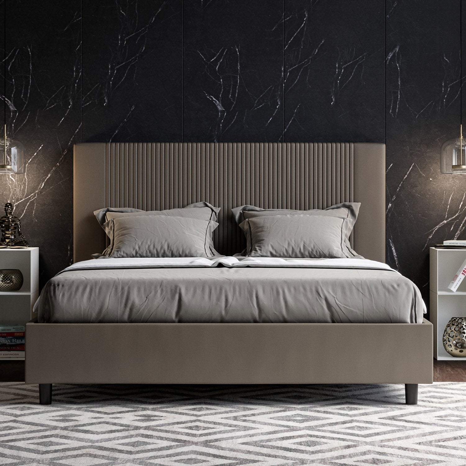 Letto con Testata a scelta tra giroletto, contenitore o con rete a doghe in similpelle Cappuccino a Righe - 80x190 Singolo standard - JoyShop Materassi