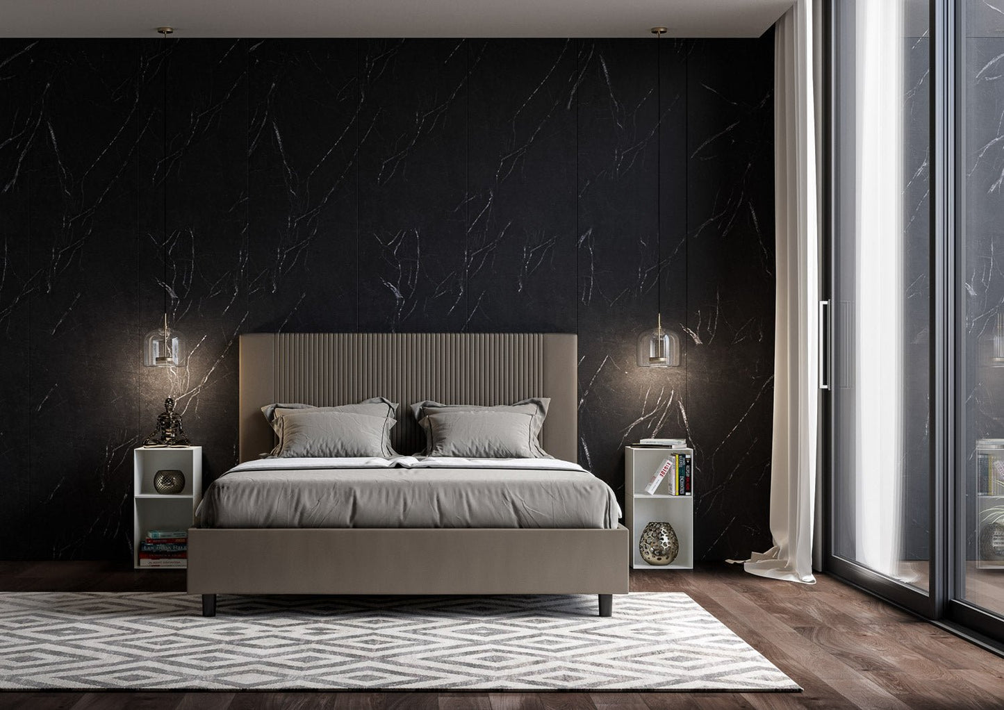 Letto con Testata a scelta tra giroletto, contenitore o con rete a doghe in similpelle Cappuccino a Righe - 80x190 Singolo standard - JoyShop Materassi