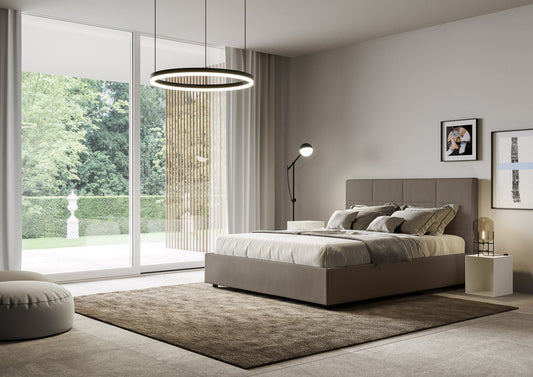 Letto con testata a scelta tra giroletto, contenitore o con rete a doghe in similpelle cappuccino - 120x190 piazza e mezzo standard - JoyShop materassi
