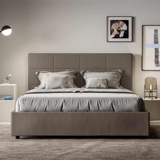 Letto con testata a scelta tra giroletto, contenitore o con rete a doghe in similpelle cappuccino - 120x190 piazza e mezzo standard - JoyShop materassi