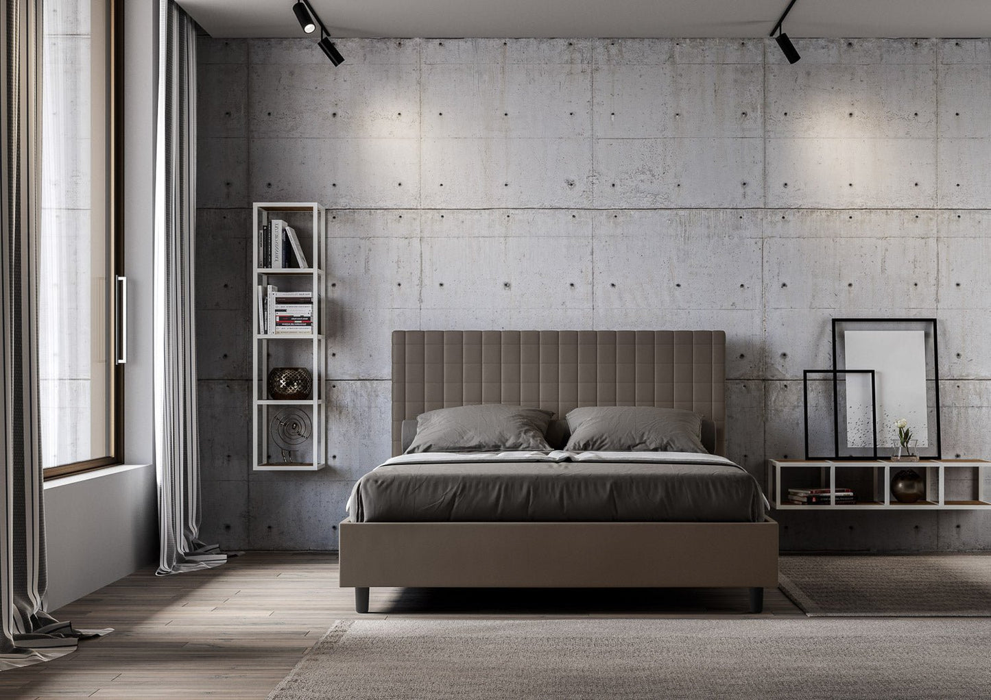 Letto con testata a scelta tra giroletto, contenitore o con rete a doghe in similpelle cappuccino - 80x190 singolo standard - JoyShop materassi