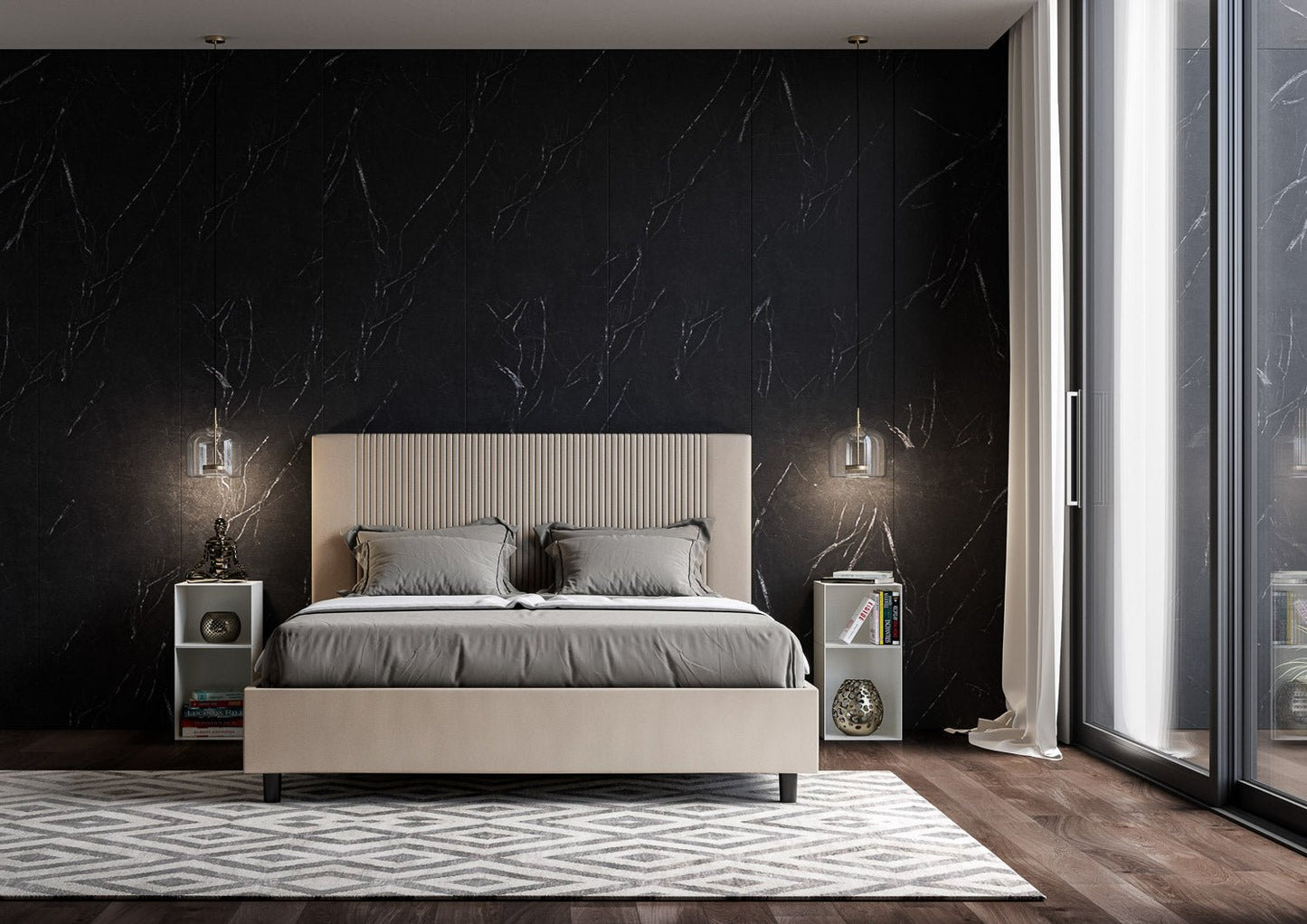 Letto con testata a scelta tra giroletto, contenitore o con rete a doghe in similpelle tortora a righe - 80x190 singolo standard - JoyShop materassi