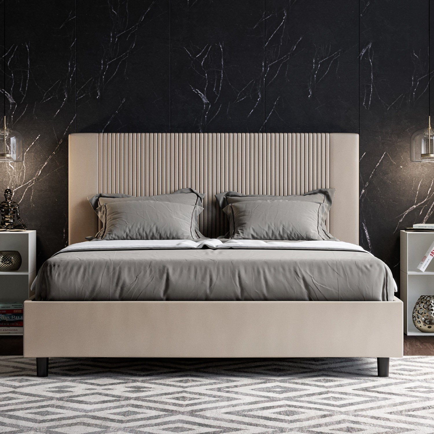 Letto con testata a scelta tra giroletto, contenitore o con rete a doghe in similpelle tortora a righe - 80x190 singolo standard - JoyShop materassi