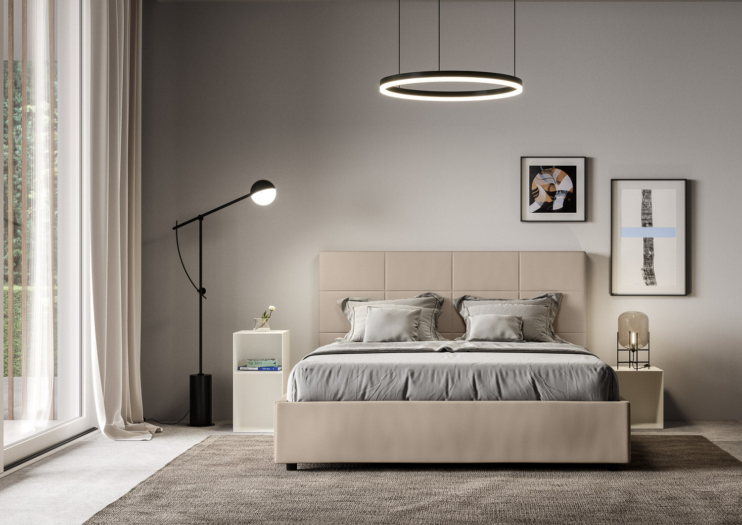 Letto con testata a scelta tra giroletto, contenitore o con rete a doghe in similpelle tortora - 120x190 piazza e mezzo standard - JoyShop materassi