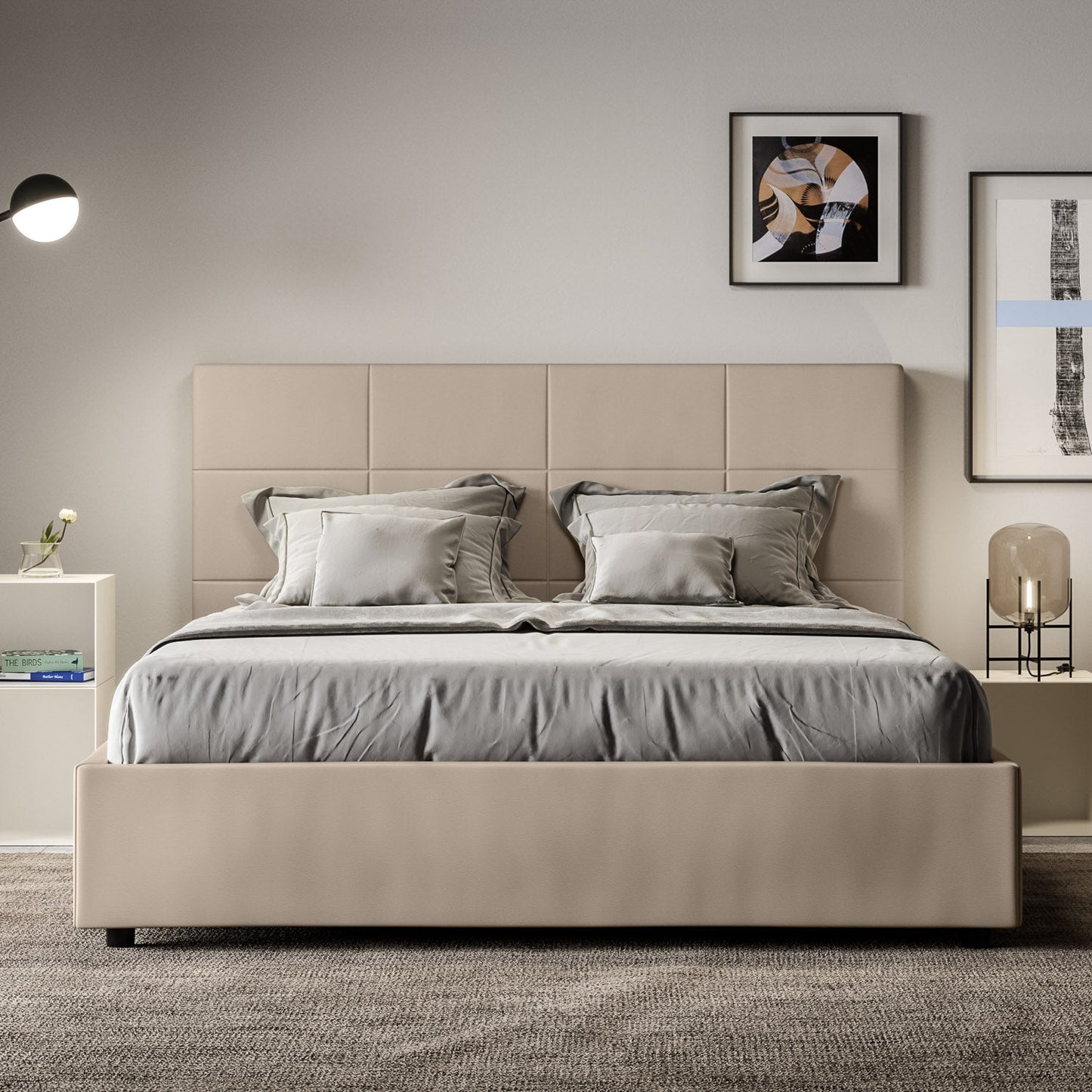 Letto con testata a scelta tra giroletto, contenitore o con rete a doghe in similpelle tortora - 120x190 piazza e mezzo standard - JoyShop materassi