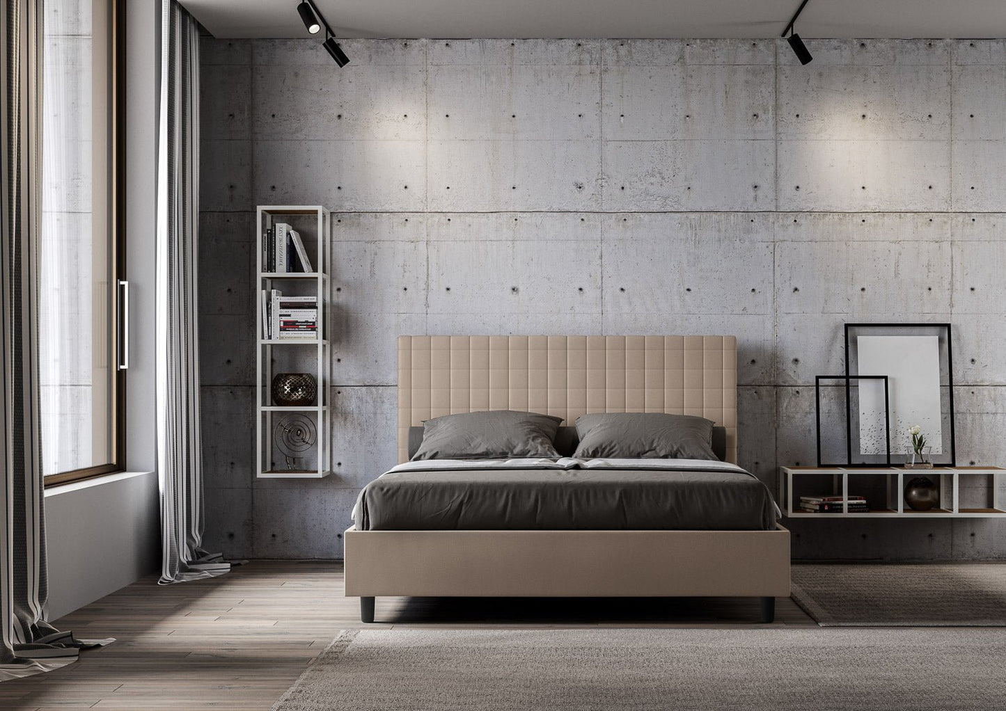 Letto con testata a scelta tra giroletto, contenitore o con rete a doghe in similpelle tortora - 80x190 singolo standard - JoyShop materassi