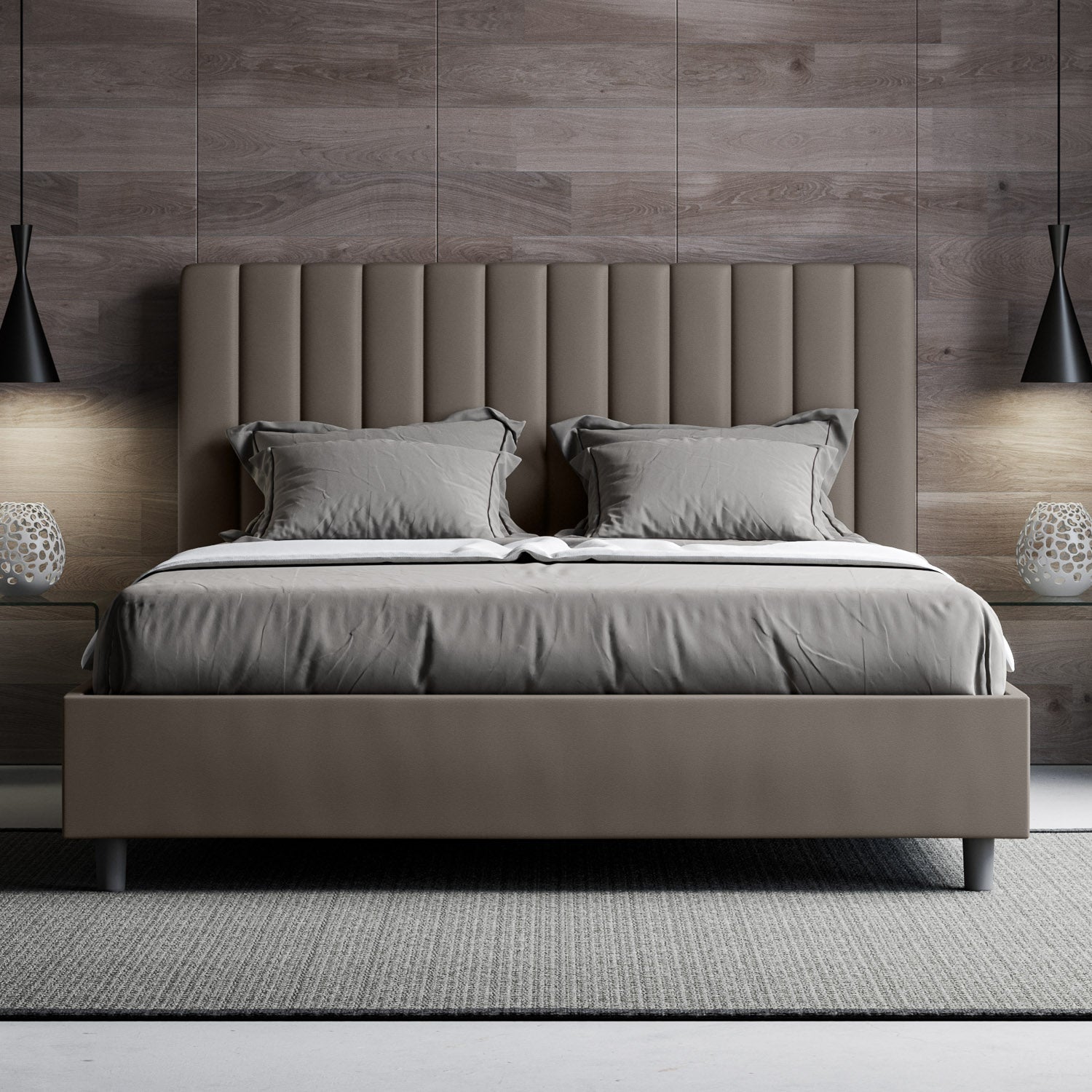 Letto con testata a scelta tra giroletto, contenitore o con rete a doghe in similpelle cappuccino - 120x190 piazza e mezzo standard - JoyShop materassi
