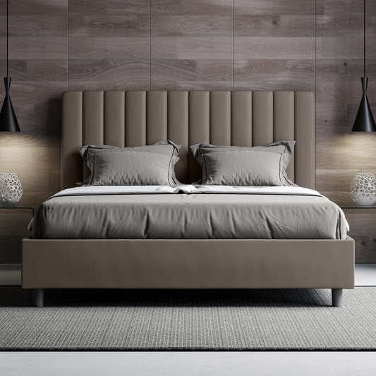 Letto con testata a scelta tra giroletto, contenitore o con rete a doghe in similpelle cappuccino - 120x190 piazza e mezzo standard - JoyShop materassi