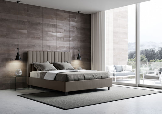 Letto con testata a scelta tra giroletto, contenitore o con rete a doghe in similpelle cappuccino - 120x190 piazza e mezzo standard - JoyShop materassi