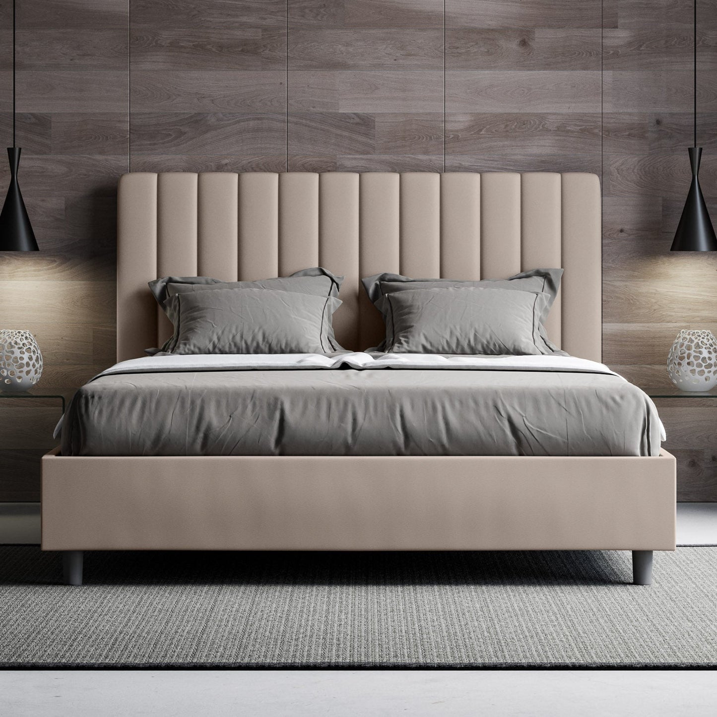 Letto con testata a scelta tra giroletto, contenitore o con rete a doghe in similpelle tortora - 120x190 piazza e mezzo standard - JoyShop Materassi