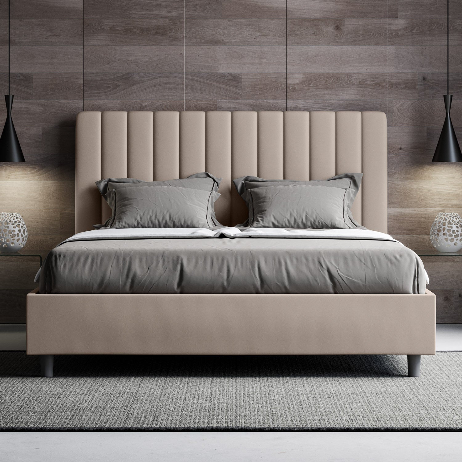 Letto con testata a scelta tra giroletto, contenitore o con rete a doghe in similpelle tortora - 120x190 piazza e mezzo standard - JoyShop Materassi