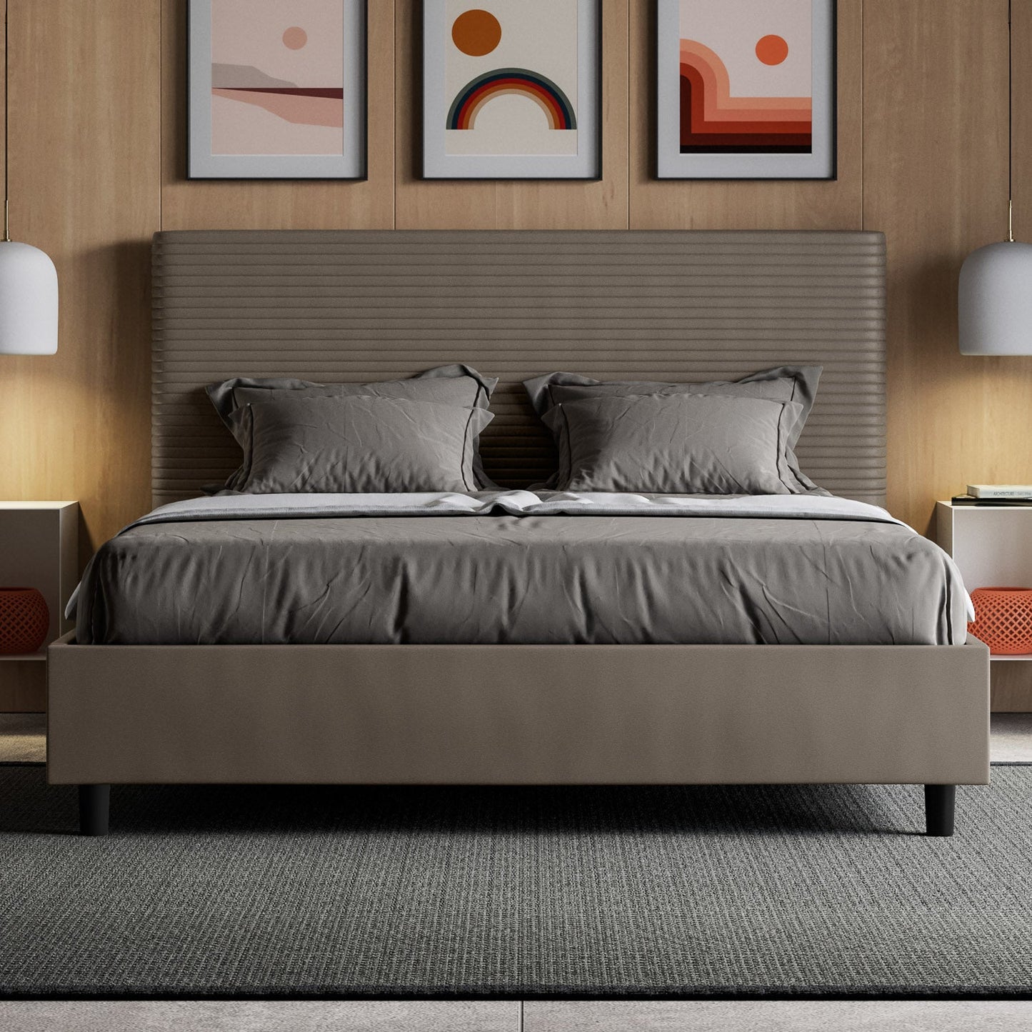 Letto con testata a scelta, giroletto, contenitore o con rete a doghe in similpelle cappuccino - 80x190 estándar individual - JoyShop Materassi