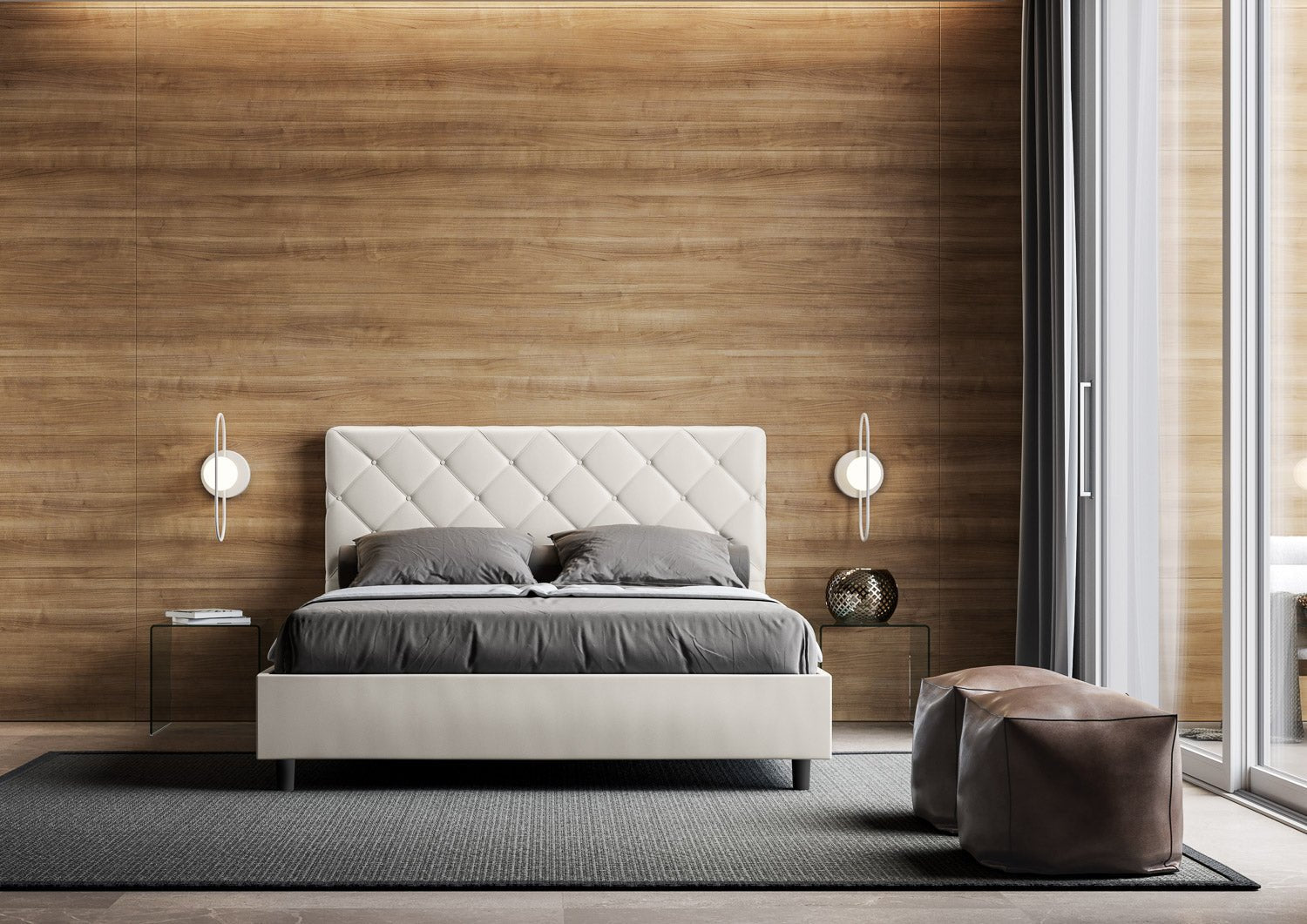 Cama con cabecera con botones a elegir entre canapé, contenedor o con somier de lamas en similpiel blanca - 80x190 individual estándar - JoyShop Colchones