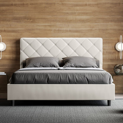 Cama con cabecera con botones a elegir entre canapé, contenedor o con somier de lamas en similpiel blanca - 80x190 individual estándar - JoyShop Colchones