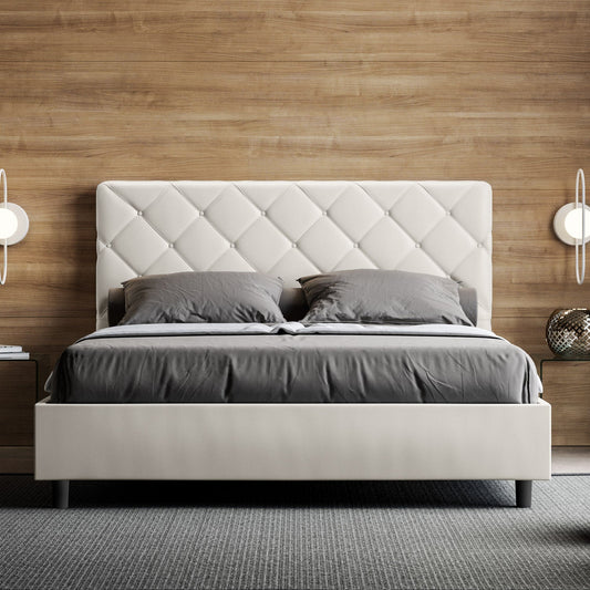 Cama con cabecera con botones a elegir entre canapé, contenedor o con somier de lamas en similpiel blanca - 80x190 individual estándar - JoyShop Colchones