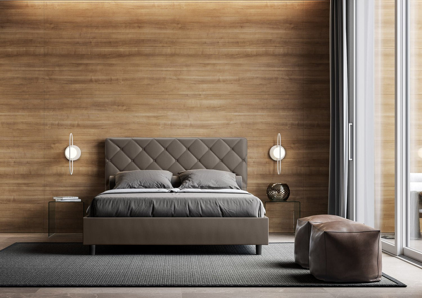 Letto con testata con bottoni a scelta tra giroletto, contenitore o con rete a doghe in similpelle cappuccino - 80x190 estándar individual - JoyShop colchones