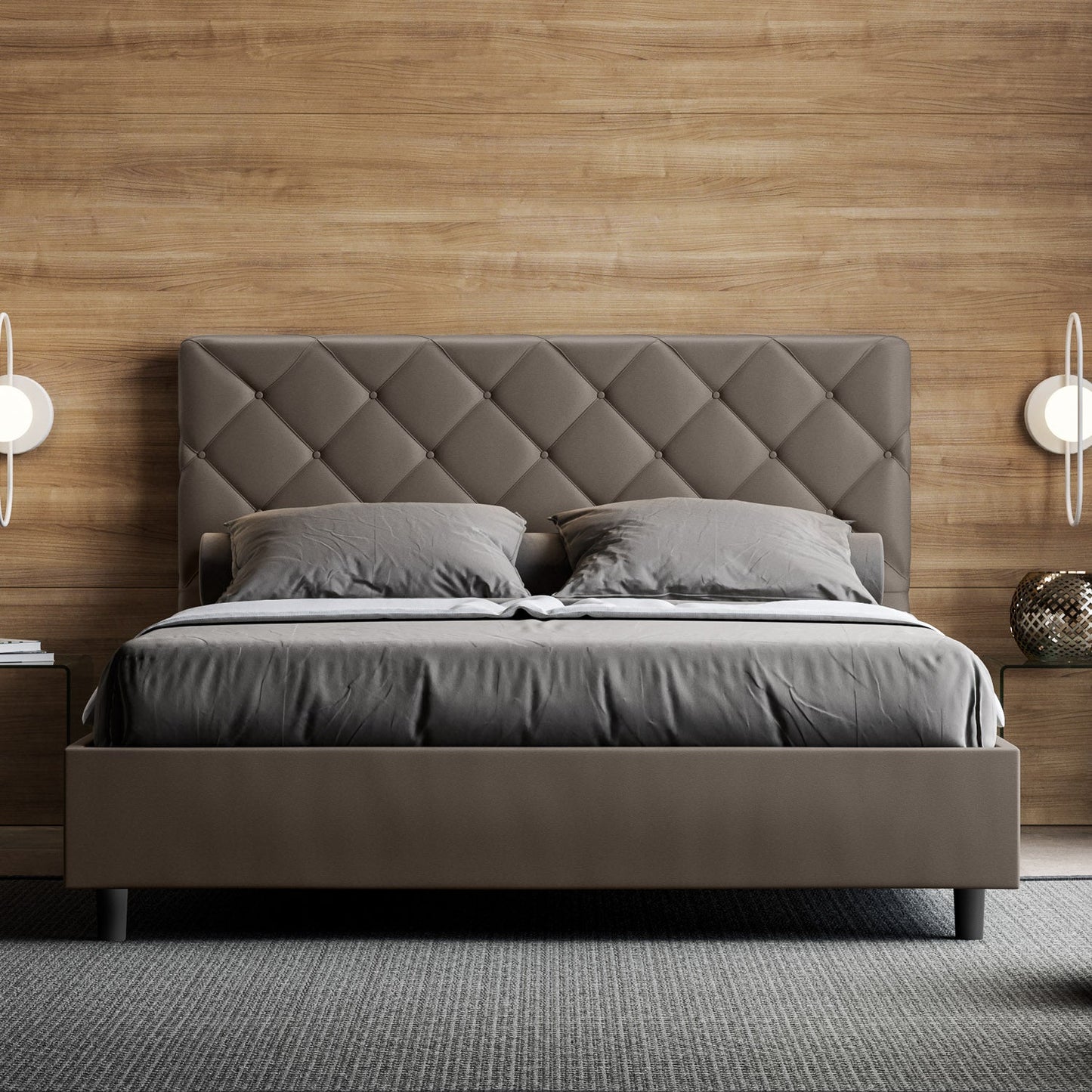Letto con testata con bottoni a scelta tra giroletto, contenitore o con rete a doghe in similpelle cappuccino - 80x190 estándar individual - JoyShop colchones