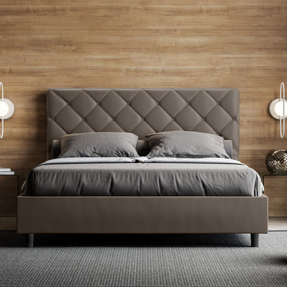 Letto con testata con bottoni a scelta tra giroletto, contenitore o con rete a doghe in similpelle cappuccino - 80x190 estándar individual - JoyShop colchones