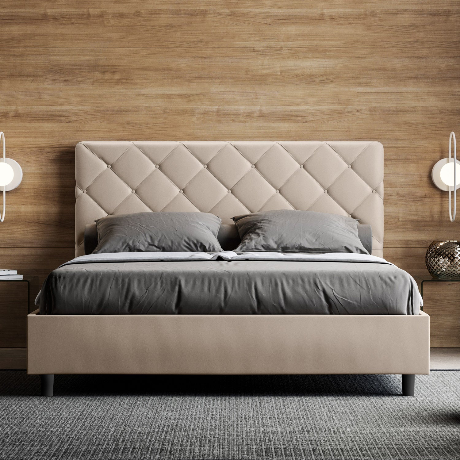 Letto con testata con bottoni a scelta tra giroletto, contenitore o con rete a doghe in similpelle tortora - 80x190 estándar individual - JoyShop colchones