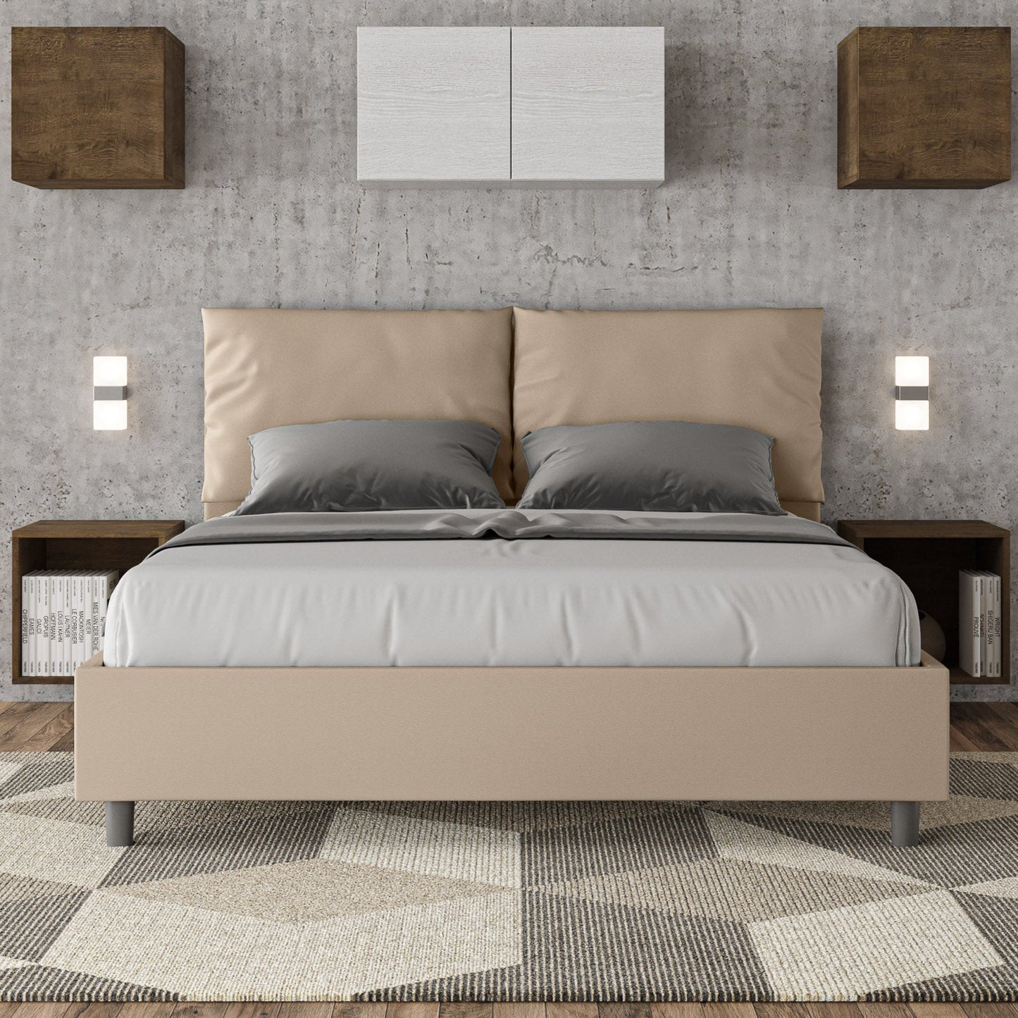 Cama con cabecera y almohadas a elección, con contenedor o con somier de lamas. Tejido hidrorrepelente color topo - 80x190 estándar individual - JoyShop Colchones