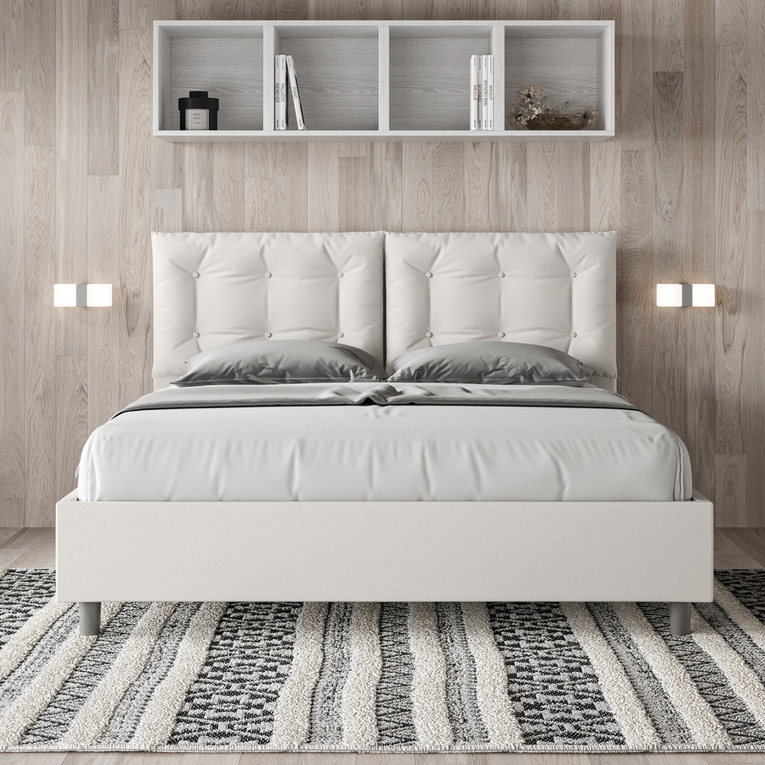 Cama con cabecera y almohadas con botones a elección, con canapé o con somier de lamas en similpiel blanca - 80x190 estándar individual - JoyShop Colchones