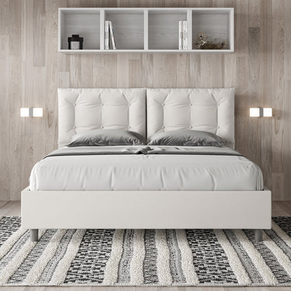 Cama con cabecera y almohadas con botones a elección, con canapé o con somier de lamas en similpiel blanca - 80x190 estándar individual - JoyShop Colchones