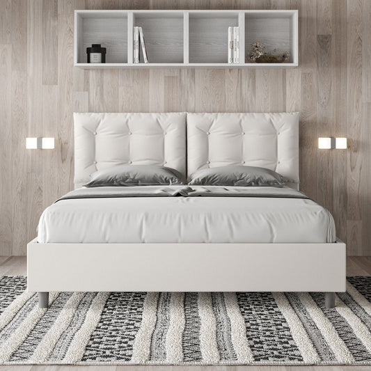 Cama con cabecera y almohadas con botones a elección, con canapé o con somier de lamas en similpiel blanca - 80x190 estándar individual - JoyShop Colchones