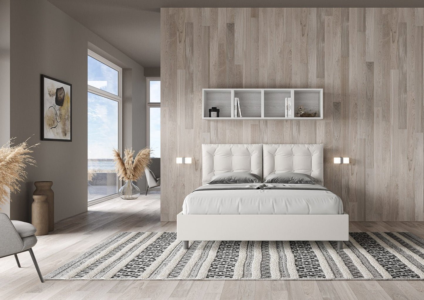 Cama con cabecera y almohadas con botones a elección, con canapé o con somier de lamas en similpiel blanca - 80x190 estándar individual - JoyShop Colchones