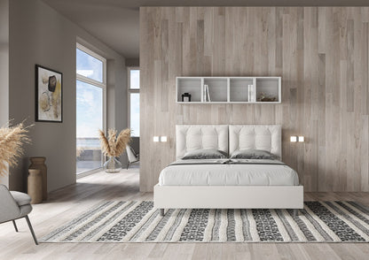 Cama con cabecera y almohadas con botones a elección, con canapé o con somier de lamas en similpiel blanca - 80x190 estándar individual - JoyShop Colchones