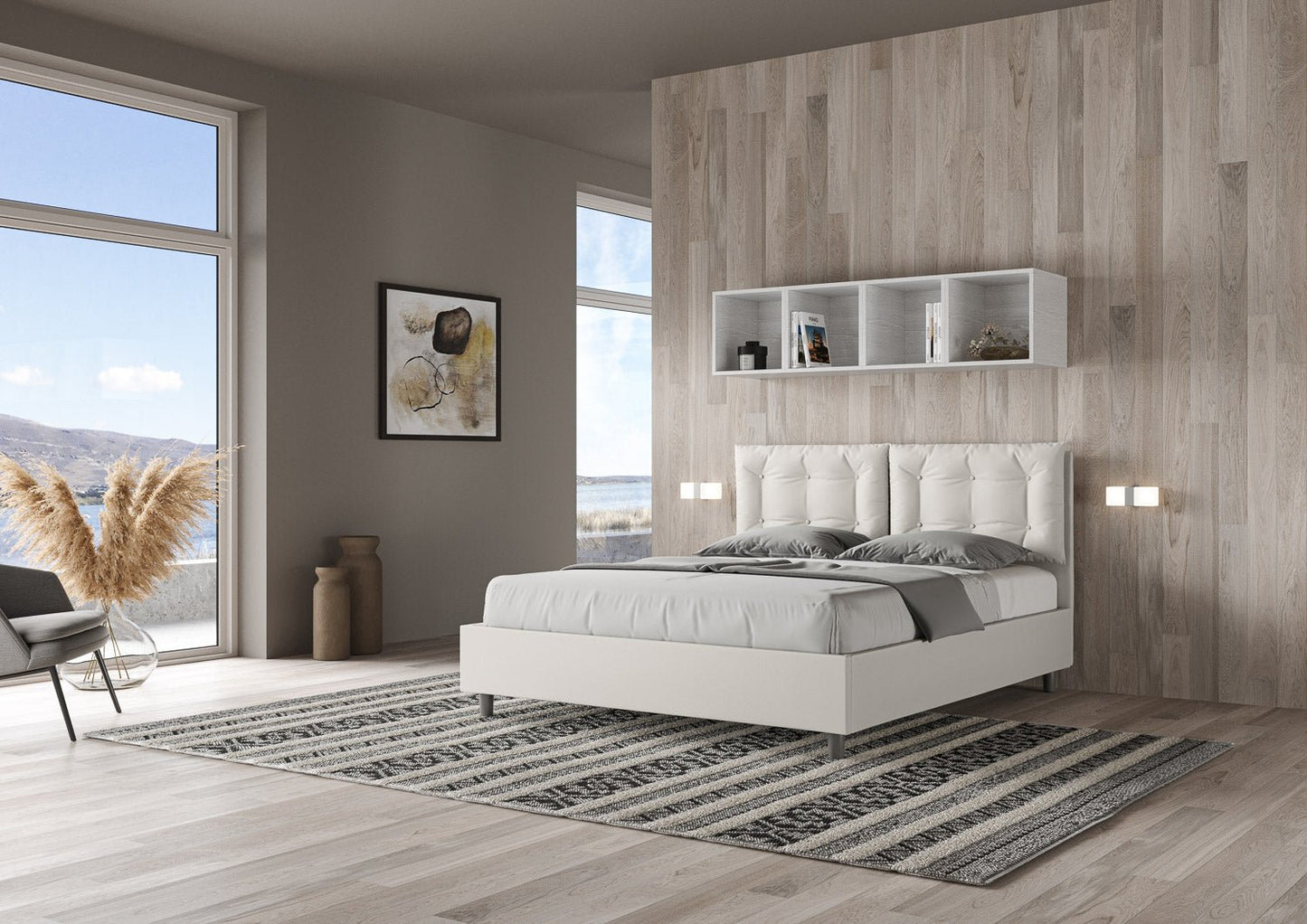 Cama con cabecera y almohadas con botones a elección, con canapé o con somier de lamas en similpiel blanca - 80x190 estándar individual - JoyShop Colchones