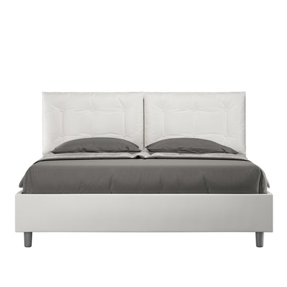 Cama con cabecera y almohadas con botones a elección, con canapé o con somier de lamas en similpiel blanca - 80x190 estándar individual - JoyShop Colchones