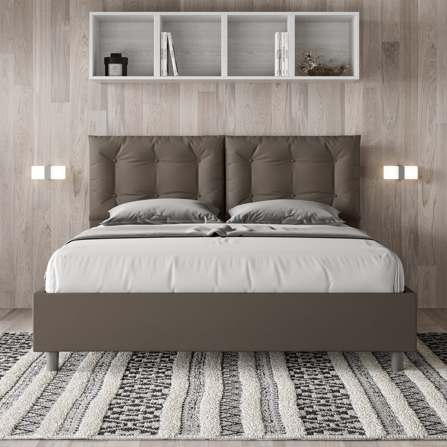 Cama con cabecera y almohadas con botones a elección, con contenedor o con somier de lamas en similpiel Cappuccino - 80x190 Individual estándar - JoyShop Colchones